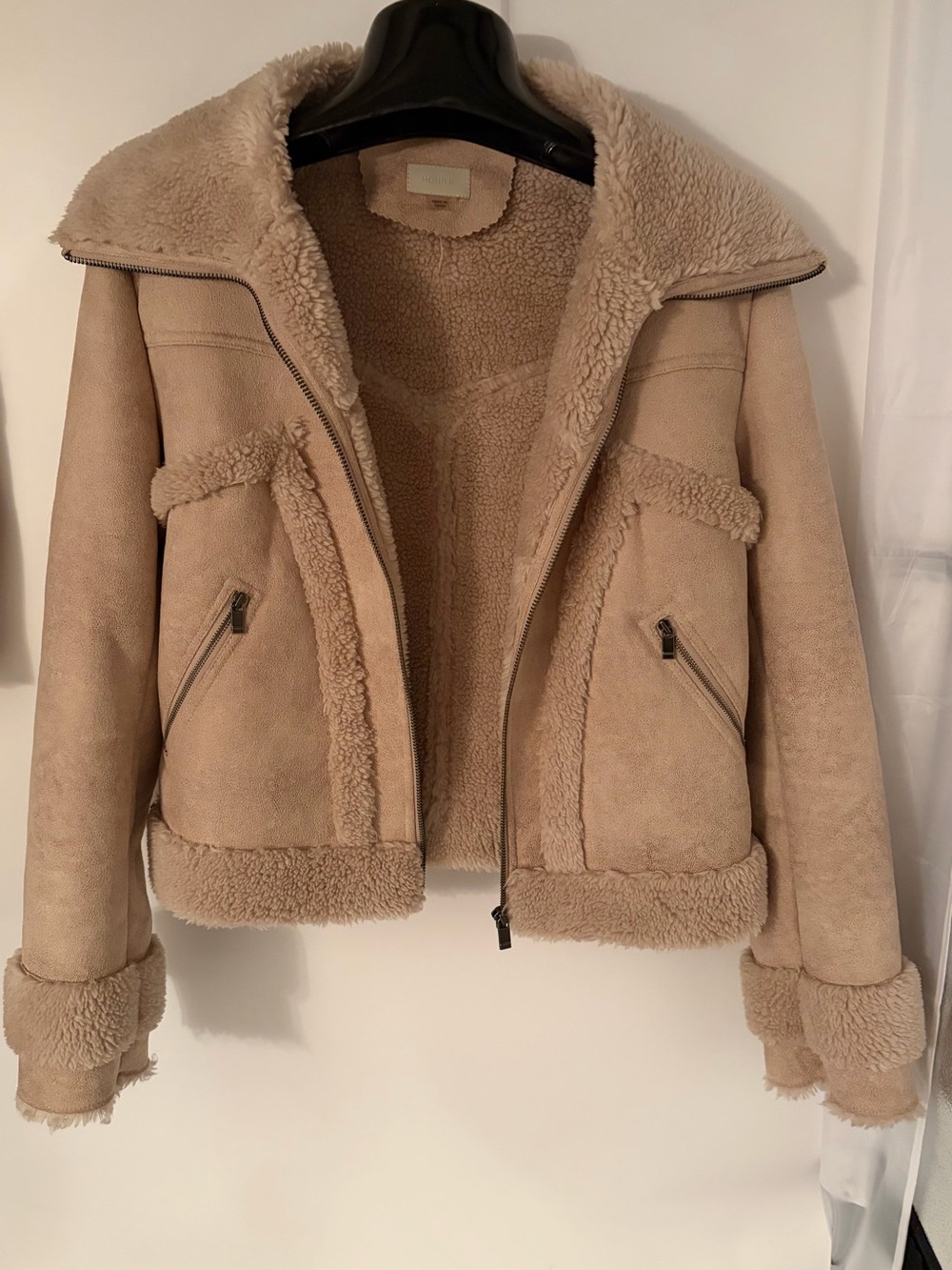MOTHER The Roamer Beige Faux Leather Shearling Aviator Jacket  Moto Bomber Small